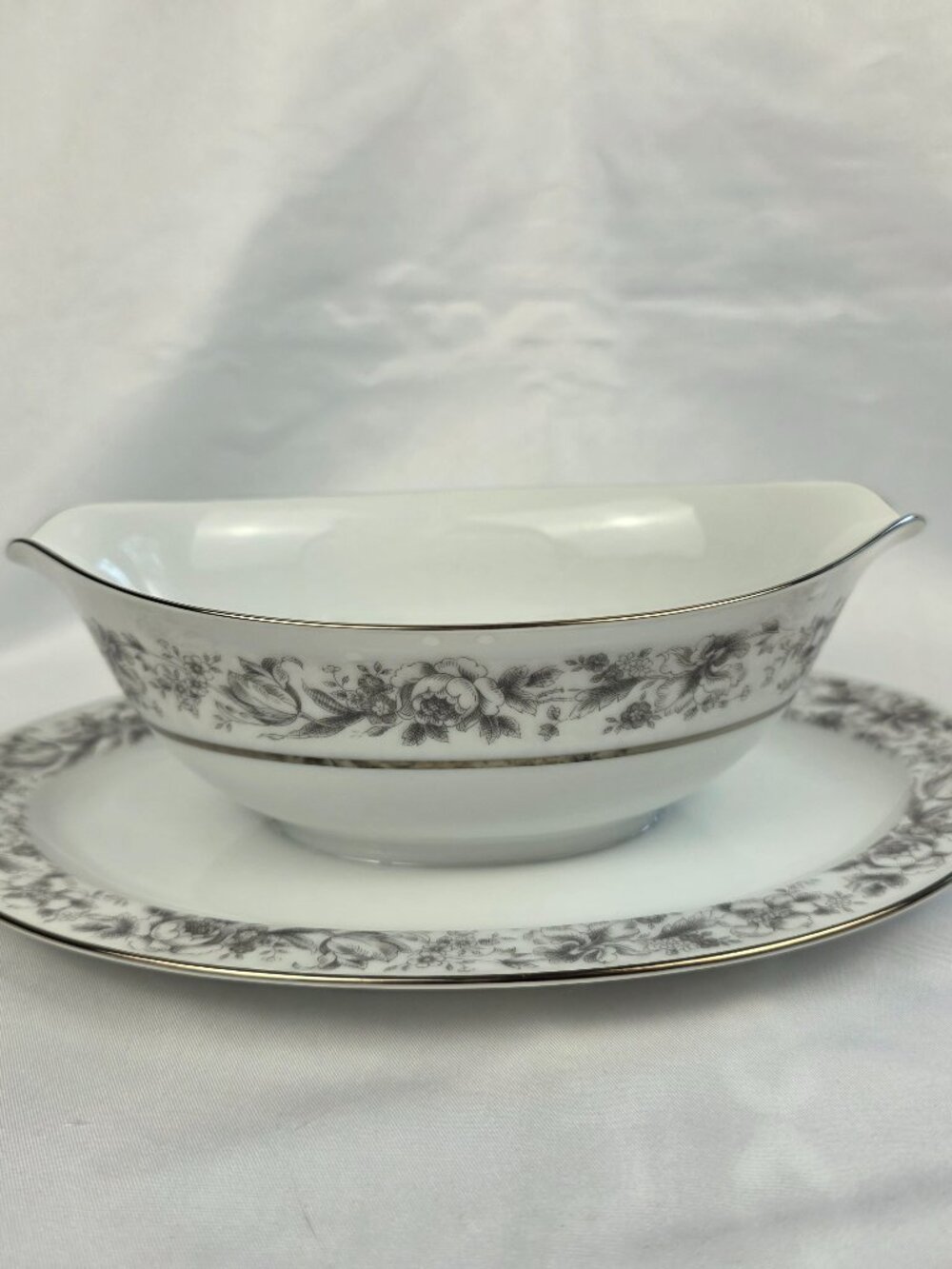Style House Prestige Gravy Boat & Underplate Gray Flowers Platinum Trim
